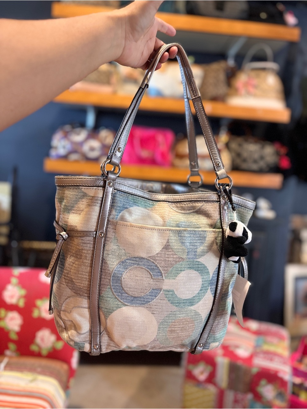 Canvas Circle-Print Tote Bag in Metallic Taupe